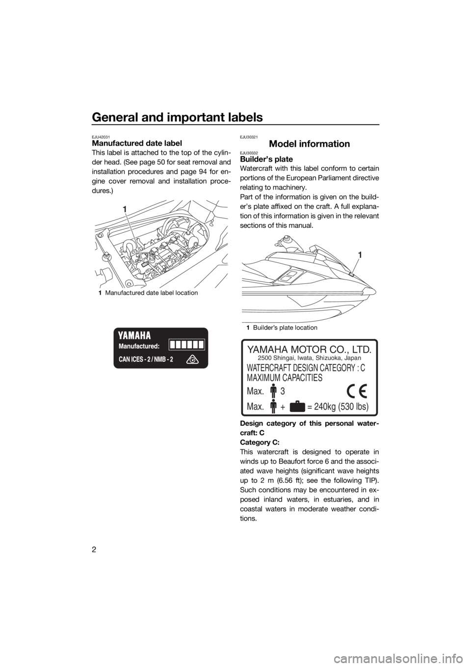 YAMAHA FX SVHO 2016 Owners Manual General and important labels
2
EJU42031Manufactured date label
This label is attached to the top of the cylin-
der head. (See page 50 for seat removal and
installation procedures and page 94 for en-
g YAMAHA FX SVHO 2016 Owners Manual General and important labels
2
EJU42031Manufactured date label
This label is attached to the top of the cylin-
der head. (See page 50 for seat removal and
installation procedures and page 94 for en-
g