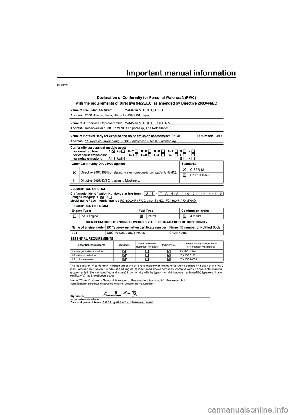 YAMAHA FX SVHO 2015  Owners Manual Important manual information
EJU42731
Declaration of Conformity for Personal Watercraft (PWC)
with the requirements of Directive 94/25/EC, as amended by Directive 200\
3/44/EC
Name of PWC Manufacturer