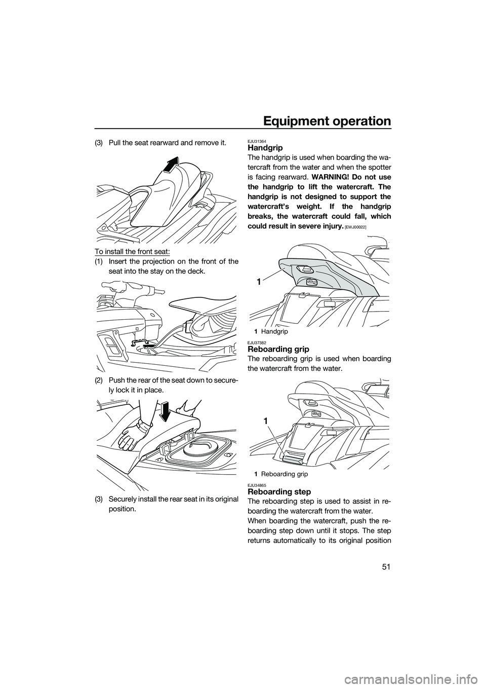 YAMAHA FX SVHO 2015  Owners Manual Equipment operation
51
(3) Pull the seat rearward and remove it.
To install the front seat:
(1) Insert the projection on the front of theseat into the stay on the deck.
(2) Push the rear of the seat d