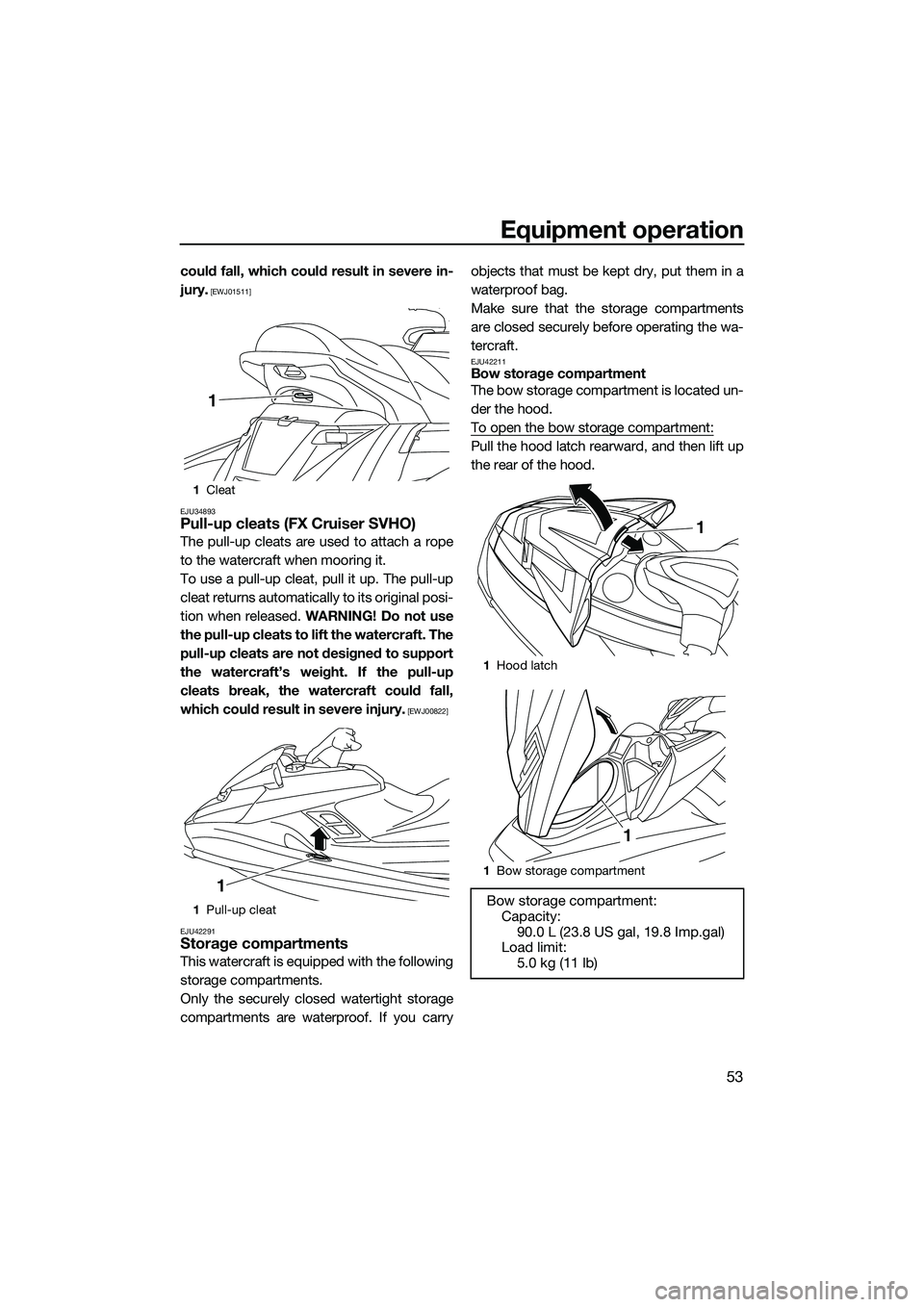 YAMAHA FX SVHO 2015  Owners Manual Equipment operation
53
could fall, which could result in severe in-
jury.
 [EWJ01511]
EJU34893
Pull-up cleats (FX Cruiser SVHO)
The pull-up cleats are used to attach a rope
to the watercraft when moor