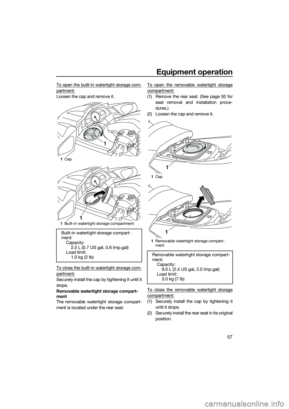 YAMAHA FX SVHO 2015  Owners Manual Equipment operation
57
To open the built-in watertight storage com-
partment:
Loosen the cap and remove it.
To close the built-in watertight storage com-
partment:
Securely install the cap by tighteni