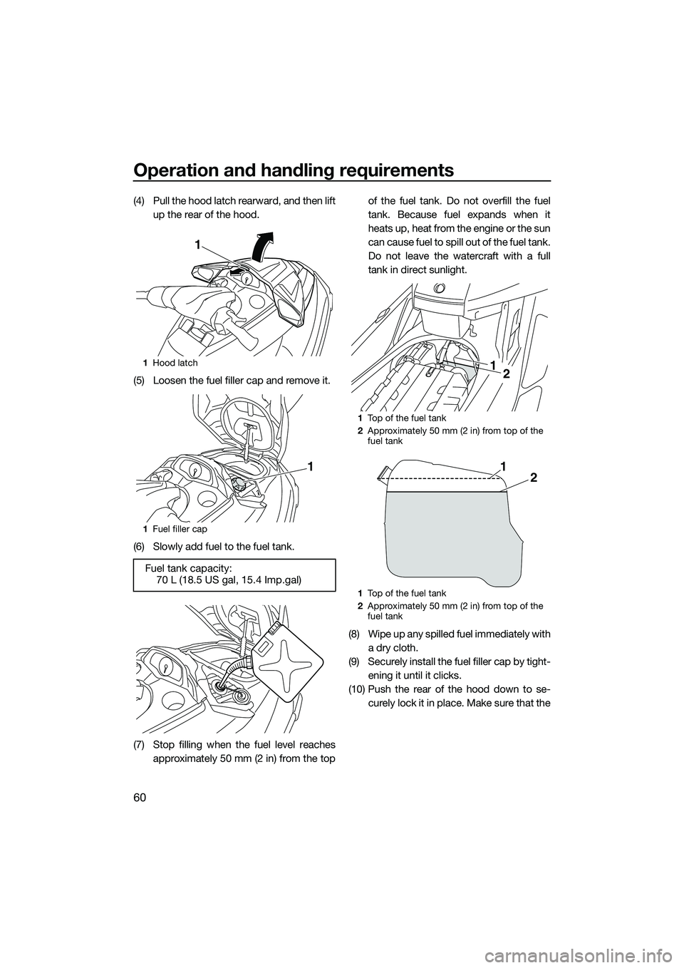 YAMAHA FX SVHO 2015  Owners Manual Operation and handling requirements
60
(4) Pull the hood latch rearward, and then liftup the rear of the hood.
(5) Loosen the fuel filler cap and remove it.
(6) Slowly add fuel to the fuel tank.
(7) S
