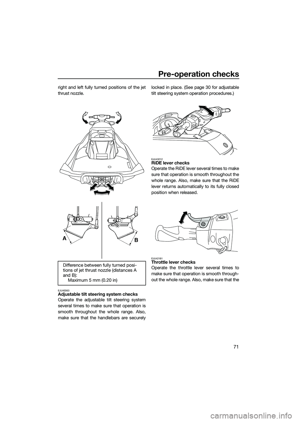 YAMAHA FX SVHO 2015  Owners Manual Pre-operation checks
71
right and left fully turned positions of the jet
thrust nozzle.
EJU40363Adjustable tilt steering system checks
Operate the adjustable tilt steering system
several times to make