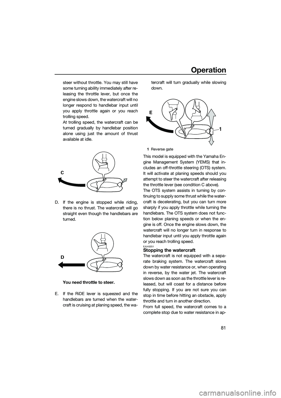 YAMAHA FX SVHO 2015  Owners Manual Operation
81
steer without throttle. You may still have
some turning ability immediately after re-
leasing the throttle lever, but once the
engine slows down, the watercraft will no
longer respond to 