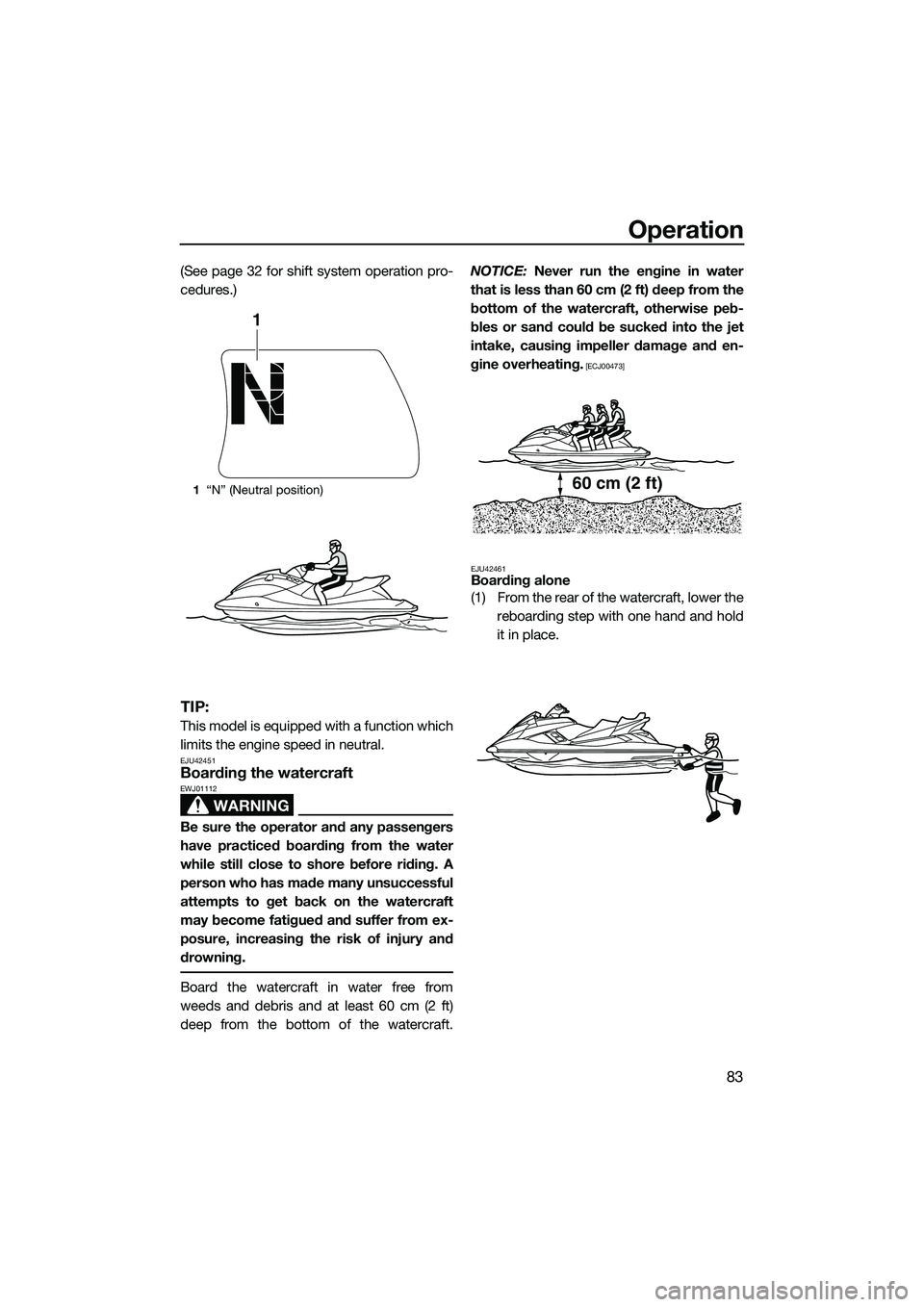 YAMAHA FX SVHO 2015  Owners Manual Operation
83
(See page 32 for shift system operation pro-
cedures.)
TIP:
This model is equipped with a function which
limits the engine speed in neutral.
EJU42451Boarding the watercraft
WARNING
EWJ011