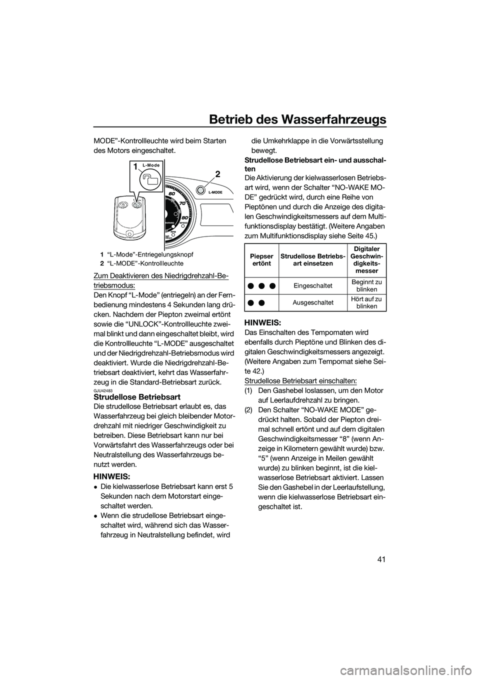 YAMAHA FX SVHO 2015 Betriebsanleitungen (in German) Betrieb des Wasserfahrzeugs
41
MODE”-Kontrollleuchte wird beim Starten
des Motors eingeschaltet.
Zum Deaktivieren des Niedrigdrehzahl-Be-
triebsmodus:
Den Knopf “L-Mode” (entriegeln) an der Fer YAMAHA FX SVHO 2015 Betriebsanleitungen (in German) Betrieb des Wasserfahrzeugs
41
MODE”-Kontrollleuchte wird beim Starten
des Motors eingeschaltet.
Zum Deaktivieren des Niedrigdrehzahl-Be-
triebsmodus:
Den Knopf “L-Mode” (entriegeln) an der Fer