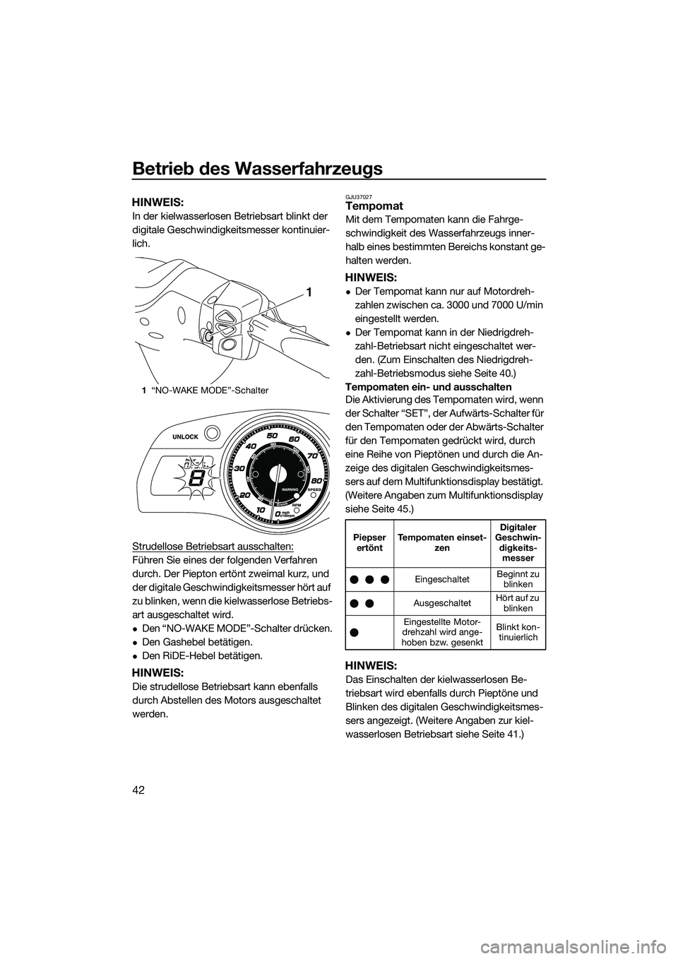 YAMAHA FX SVHO 2015 Betriebsanleitungen (in German) Betrieb des Wasserfahrzeugs
42
HINWEIS:
In der kielwasserlosen Betriebsart blinkt der
digitale Geschwindigkeitsmesser kontinuier-
lich.
Strudellose Betriebsart ausschalten:
Führen Sie eines der folg YAMAHA FX SVHO 2015 Betriebsanleitungen (in German) Betrieb des Wasserfahrzeugs
42
HINWEIS:
In der kielwasserlosen Betriebsart blinkt der
digitale Geschwindigkeitsmesser kontinuier-
lich.
Strudellose Betriebsart ausschalten:
Führen Sie eines der folg