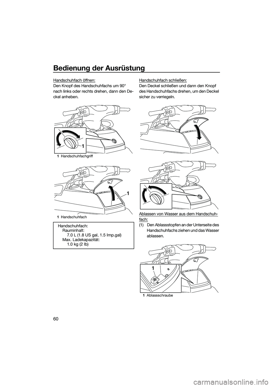 YAMAHA FX SVHO 2015  Betriebsanleitungen (in German) Bedienung der Ausrüstung
60
Handschuhfach öffnen:
Den Knopf des Handschuhfachs um 90° 
nach links oder rechts drehen, dann den De-
ckel anheben.Handschuhfach schließen:Den Deckel schließen und da