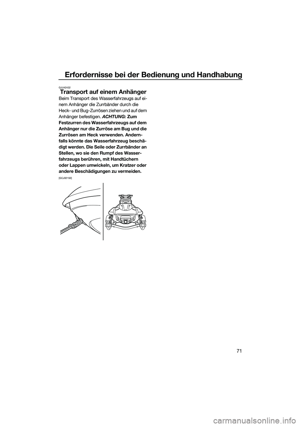 YAMAHA FX SVHO 2015  Betriebsanleitungen (in German) Erfordernisse bei der Bedienung und Handhabung
71
GJU42432
Transport auf einem Anhänger
Beim Transport des Wasserfahrzeugs auf ei-
nem Anhänger die Zurrbänder durch die 
Heck- und Bug-Zurrösen zie