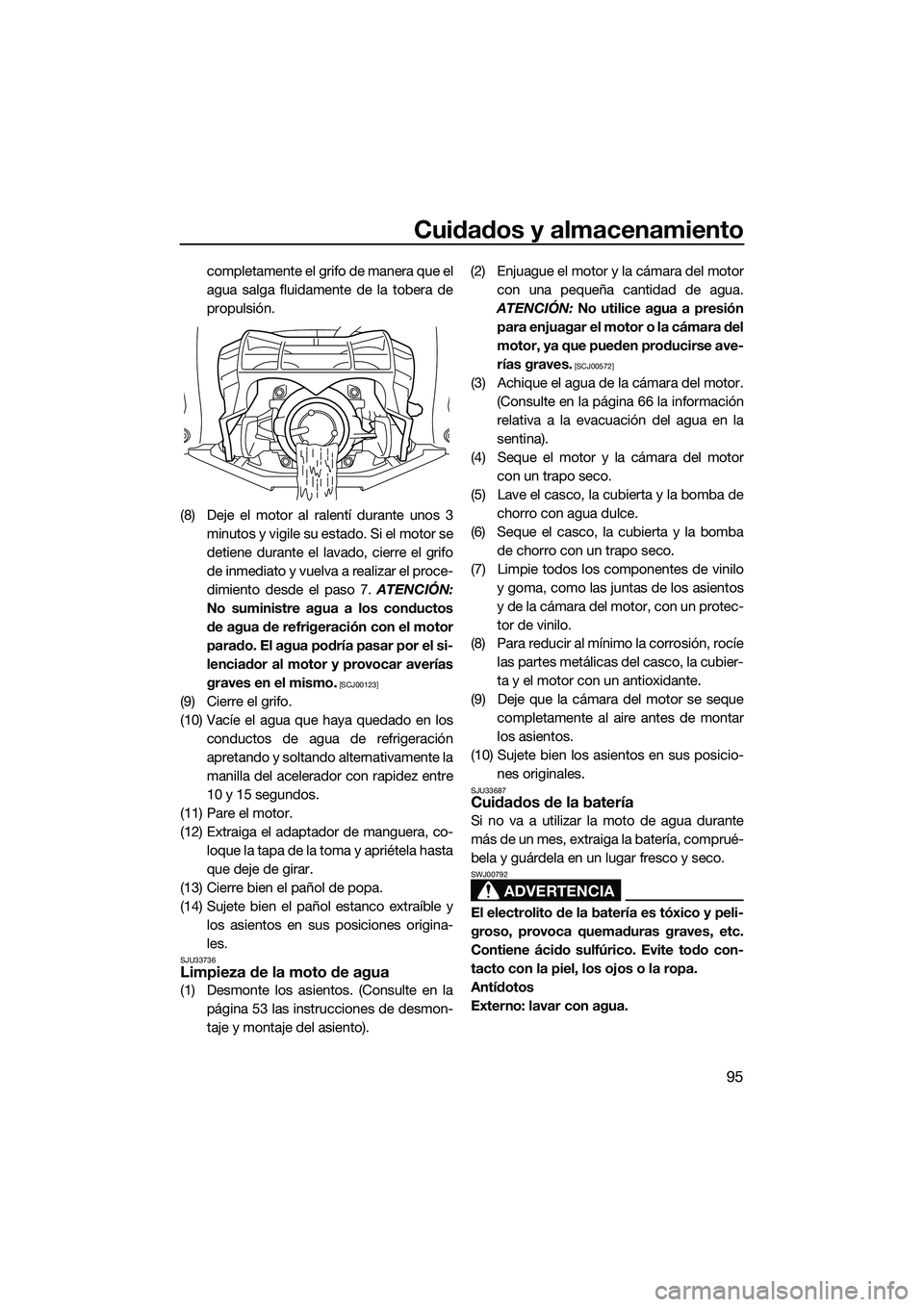 YAMAHA FX SVHO 2015  Manuale de Empleo (in Spanish) Cuidados y almacenamiento
95
completamente el grifo de manera que el
agua salga fluidamente de la tobera de
propulsión.
(8) Deje el motor al ralentí durante unos 3 minutos y vigile su estado. Si el 
