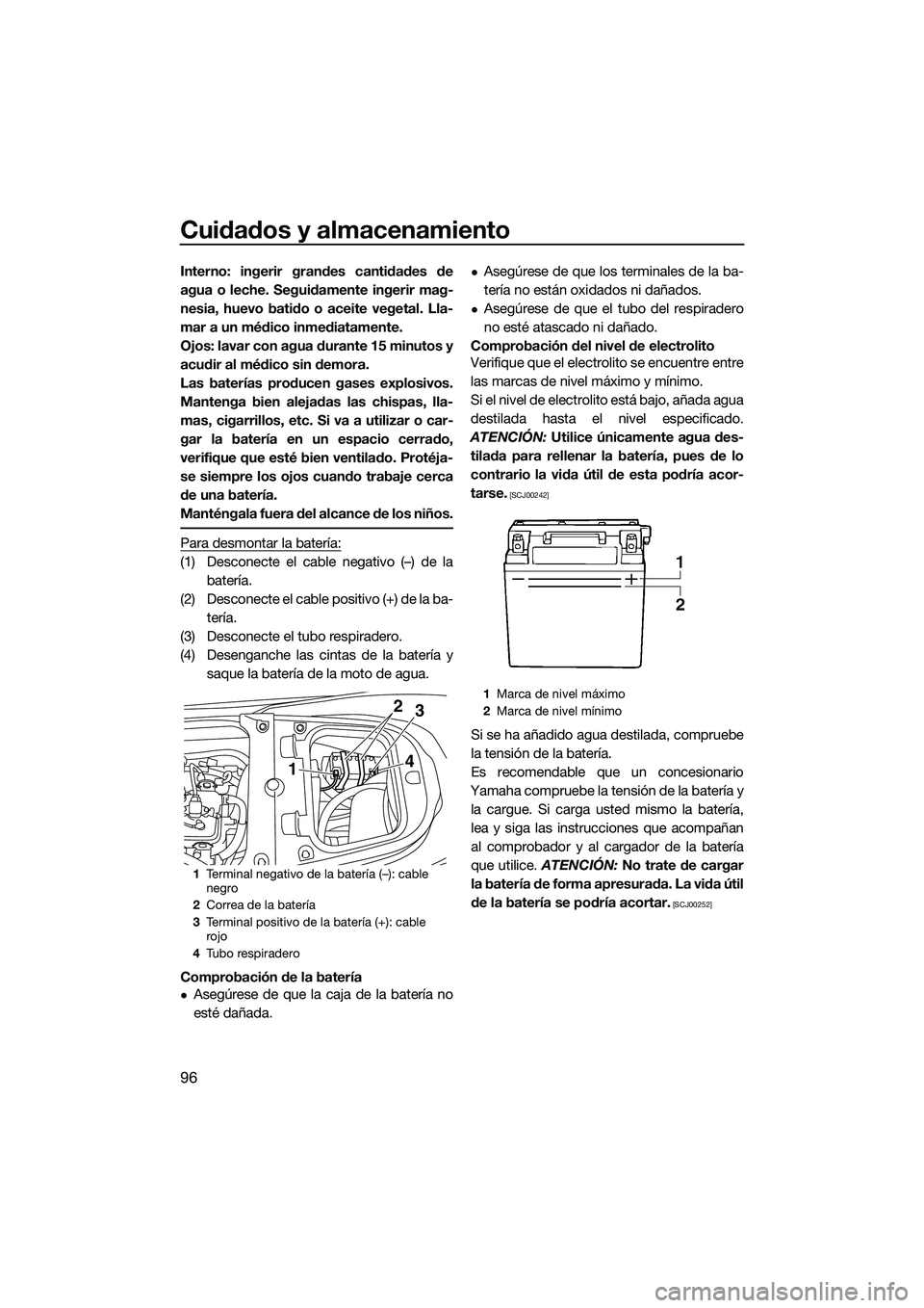 YAMAHA FX SVHO 2015  Manuale de Empleo (in Spanish) Cuidados y almacenamiento
96
Interno: ingerir grandes cantidades de
agua o leche. Seguidamente ingerir mag-
nesia, huevo batido o aceite vegetal. Lla-
mar a un médico inmediatamente.
Ojos: lavar con 