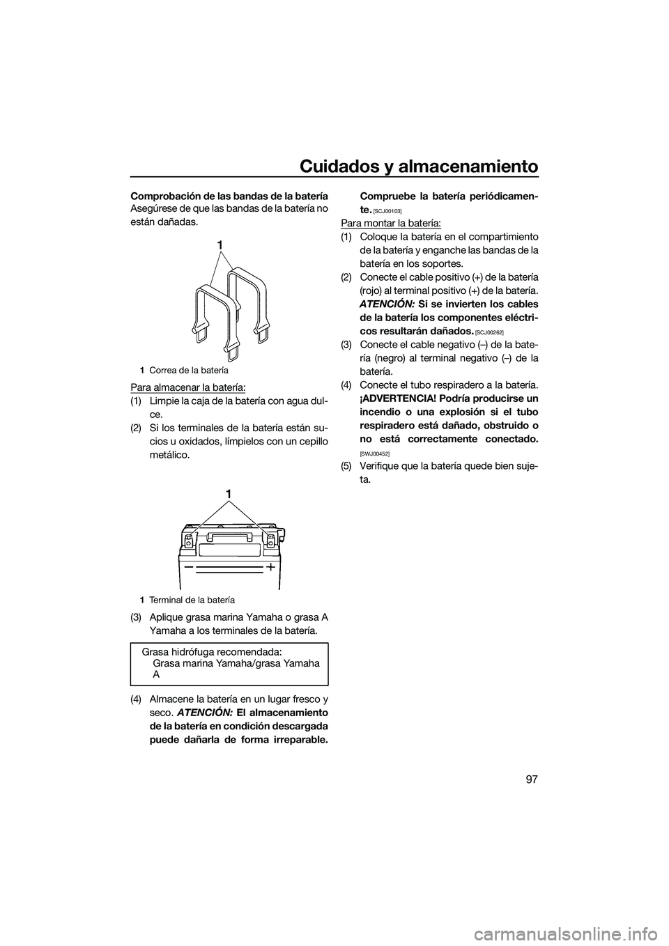 YAMAHA FX SVHO 2015  Manuale de Empleo (in Spanish) Cuidados y almacenamiento
97
Comprobación de las bandas de la batería
Asegúrese de que las bandas de la batería no
están dañadas.
Para almacenar la batería:
(1) Limpie la caja de la batería co