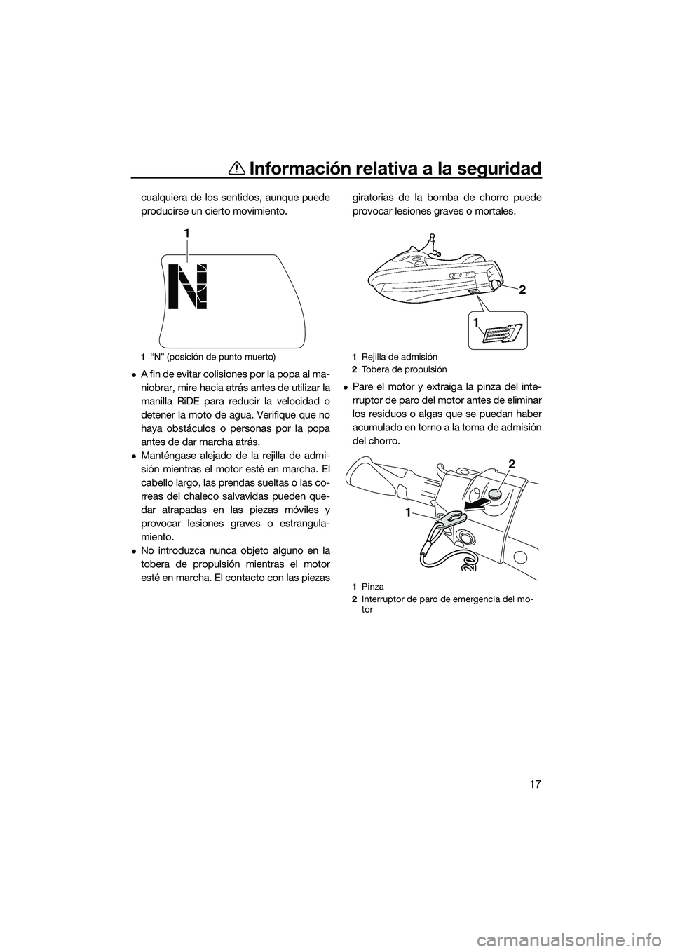 YAMAHA FX SVHO 2015  Manuale de Empleo (in Spanish) Información relativa a la seguridad
17
cualquiera de los sentidos, aunque puede
producirse un cierto movimiento.
A fin de evitar colisiones por la popa al ma-
niobrar, mire hacia atrás antes de u