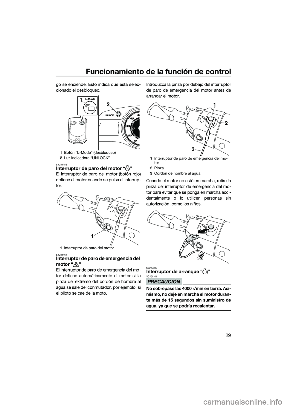 YAMAHA FX SVHO 2015  Manuale de Empleo (in Spanish) Funcionamiento de la función de control
29
go se enciende. Esto indica que está selec-
cionado el desbloqueo.
SJU31153Interruptor de paro del motor “ ”
El interruptor de paro del motor (botón r