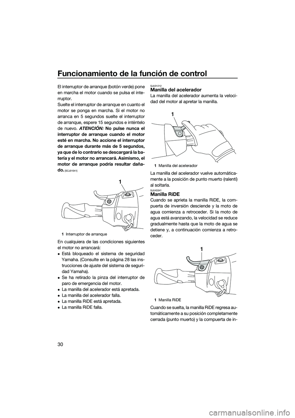 YAMAHA FX SVHO 2015  Manuale de Empleo (in Spanish) Funcionamiento de la función de control
30
El interruptor de arranque (botón verde) pone
en marcha el motor cuando se pulsa el inte-
rruptor.
Suelte el interruptor de arranque en cuanto el
motor se 