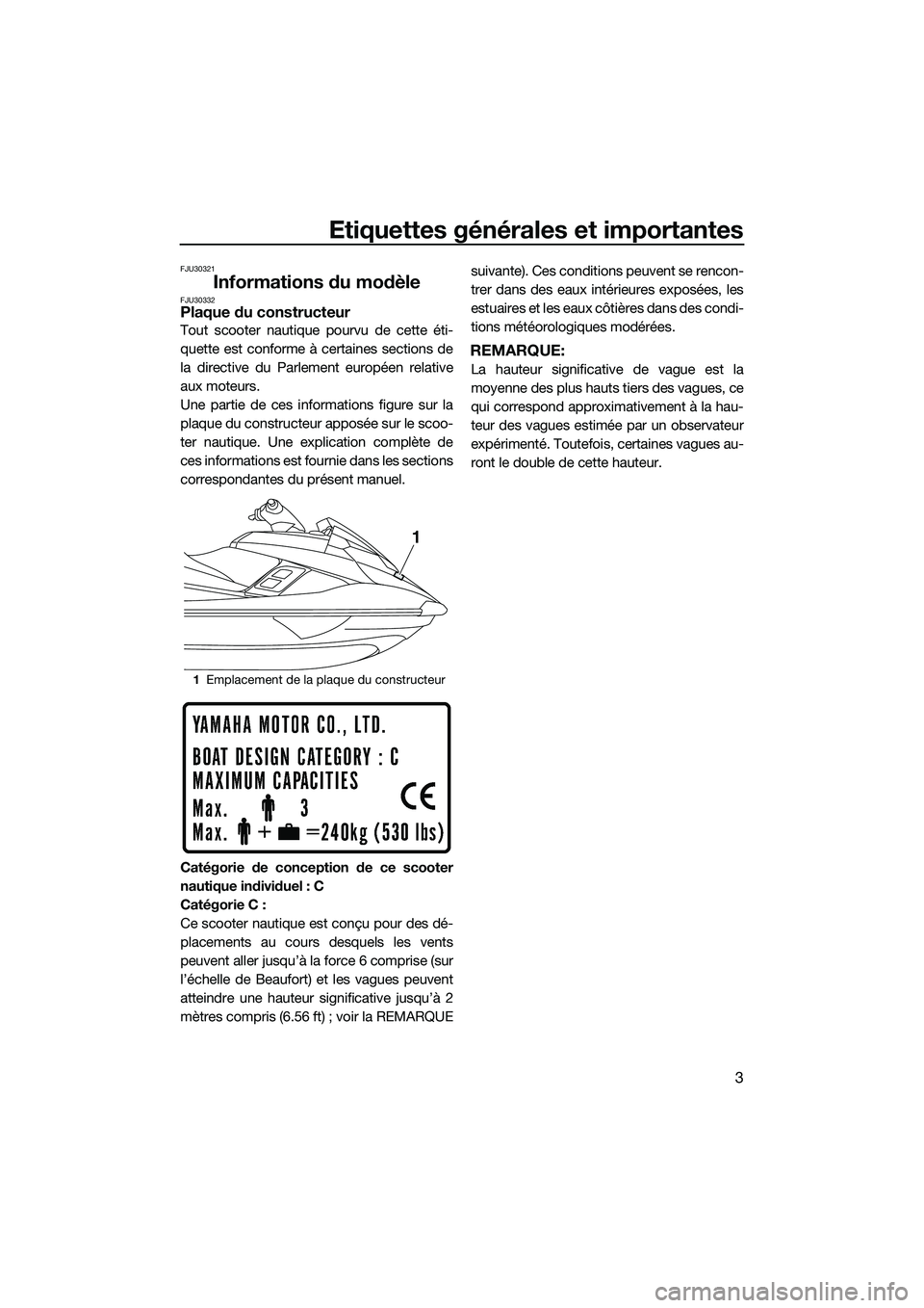 YAMAHA FX SVHO 2015  Notices Demploi (in French) Etiquettes générales et importantes
3
FJU30321
Informations du modèleFJU30332Plaque du constructeur
Tout scooter nautique pourvu de cette éti-
quette est conforme à certaines sections de
la direc