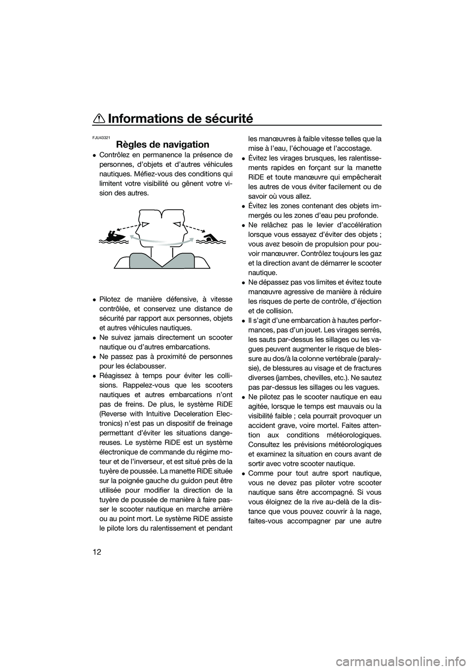 YAMAHA FX SVHO 2015  Notices Demploi (in French) Informations de sécurité
12
FJU43321
Règles de navigation
Contrôlez en permanence la présence de
personnes, d’objets et d’autres véhicules
nautiques. Méfiez-vous des conditions qui
limit