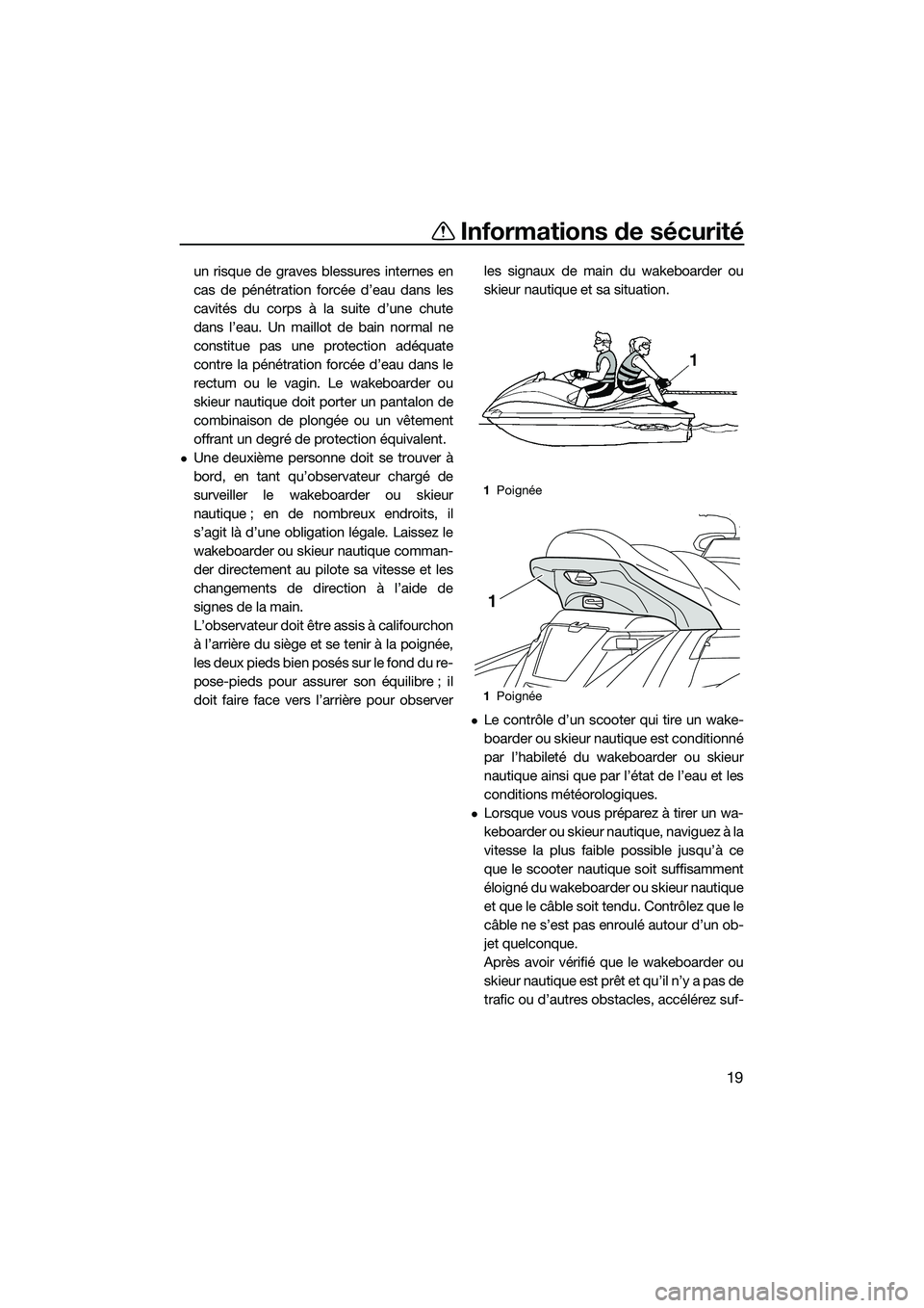 YAMAHA FX SVHO 2015 Notices Demploi (in French) Informations de sécurité
19
un risque de graves blessures internes en
cas de pénétration forcée d’eau dans les
cavités du corps à la suite d’une chute
dans l’eau. Un maillot de bain norma YAMAHA FX SVHO 2015 Notices Demploi (in French) Informations de sécurité
19
un risque de graves blessures internes en
cas de pénétration forcée d’eau dans les
cavités du corps à la suite d’une chute
dans l’eau. Un maillot de bain norma