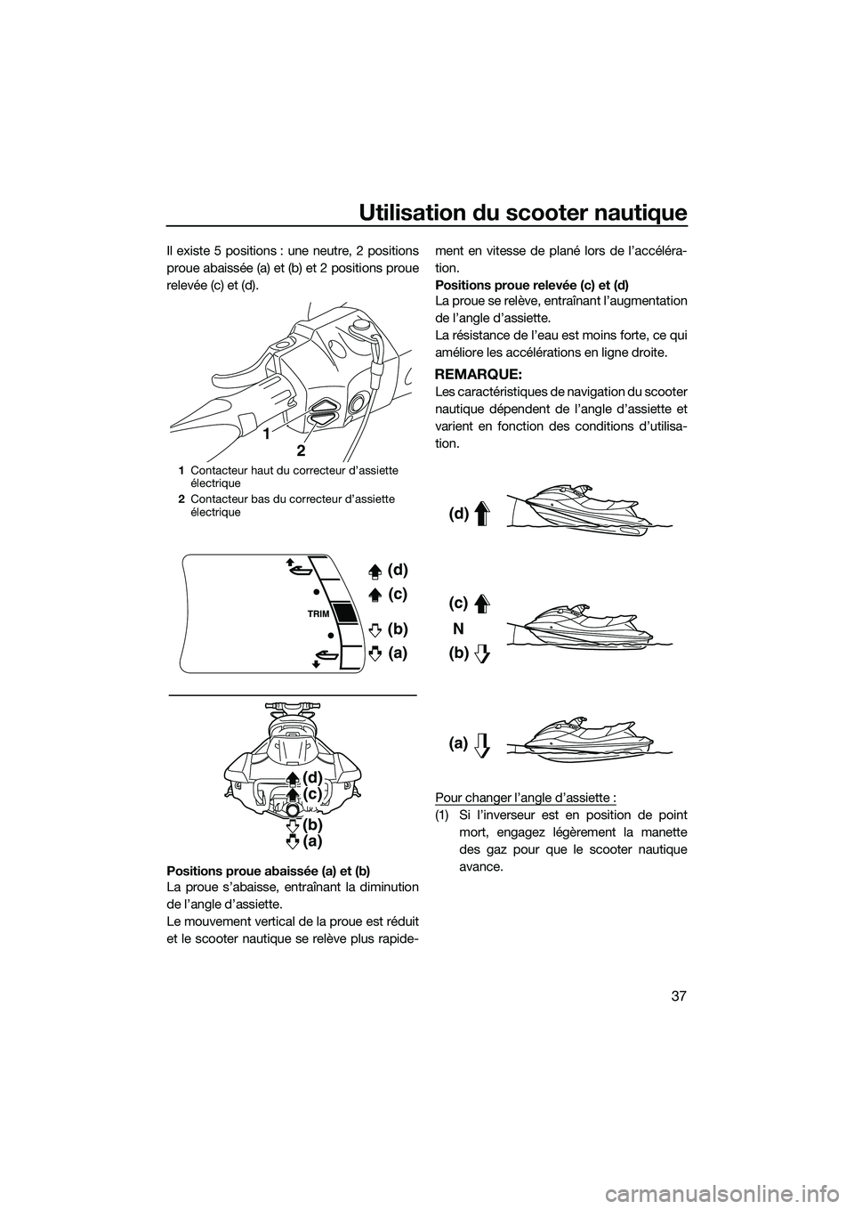 YAMAHA FX SVHO 2015 Notices Demploi (in French) Utilisation du scooter nautique
37
Il existe 5 positions : une neutre, 2 positions
proue abaissée (a) et (b) et 2 positions proue
relevée (c) et (d).
Positions proue abaissée (a) et (b)
La proue s YAMAHA FX SVHO 2015 Notices Demploi (in French) Utilisation du scooter nautique
37
Il existe 5 positions : une neutre, 2 positions
proue abaissée (a) et (b) et 2 positions proue
relevée (c) et (d).
Positions proue abaissée (a) et (b)
La proue s