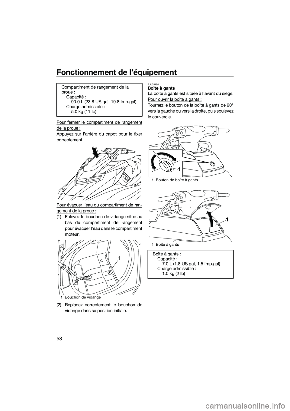 YAMAHA FX SVHO 2015  Notices Demploi (in French) Fonctionnement de l’équipement
58
Pour fermer le compartiment de rangement
de la proue :
Appuyez sur l’arrière du capot pour le fixer
correctement.
Pour évacuer l’eau du compartiment de ran-
