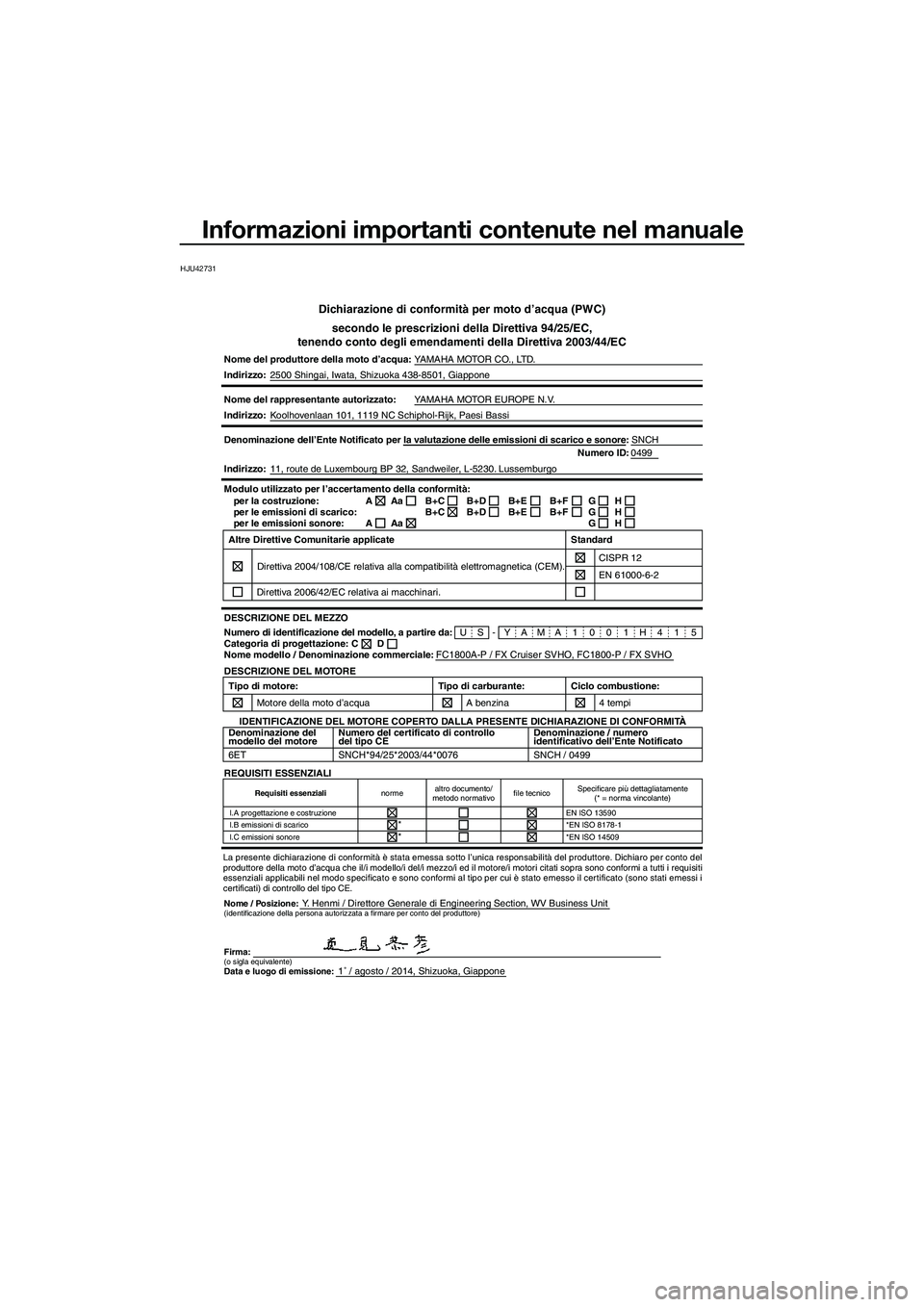YAMAHA FX SVHO 2015  Manuale duso (in Italian) Informazioni importanti contenute nel manuale
HJU42731
Dichiarazione di conformità per moto d’acqua (PWC)secondo le prescrizioni della Direttiva 94/25/EC,
tenendo conto degli emendamenti della Dire
