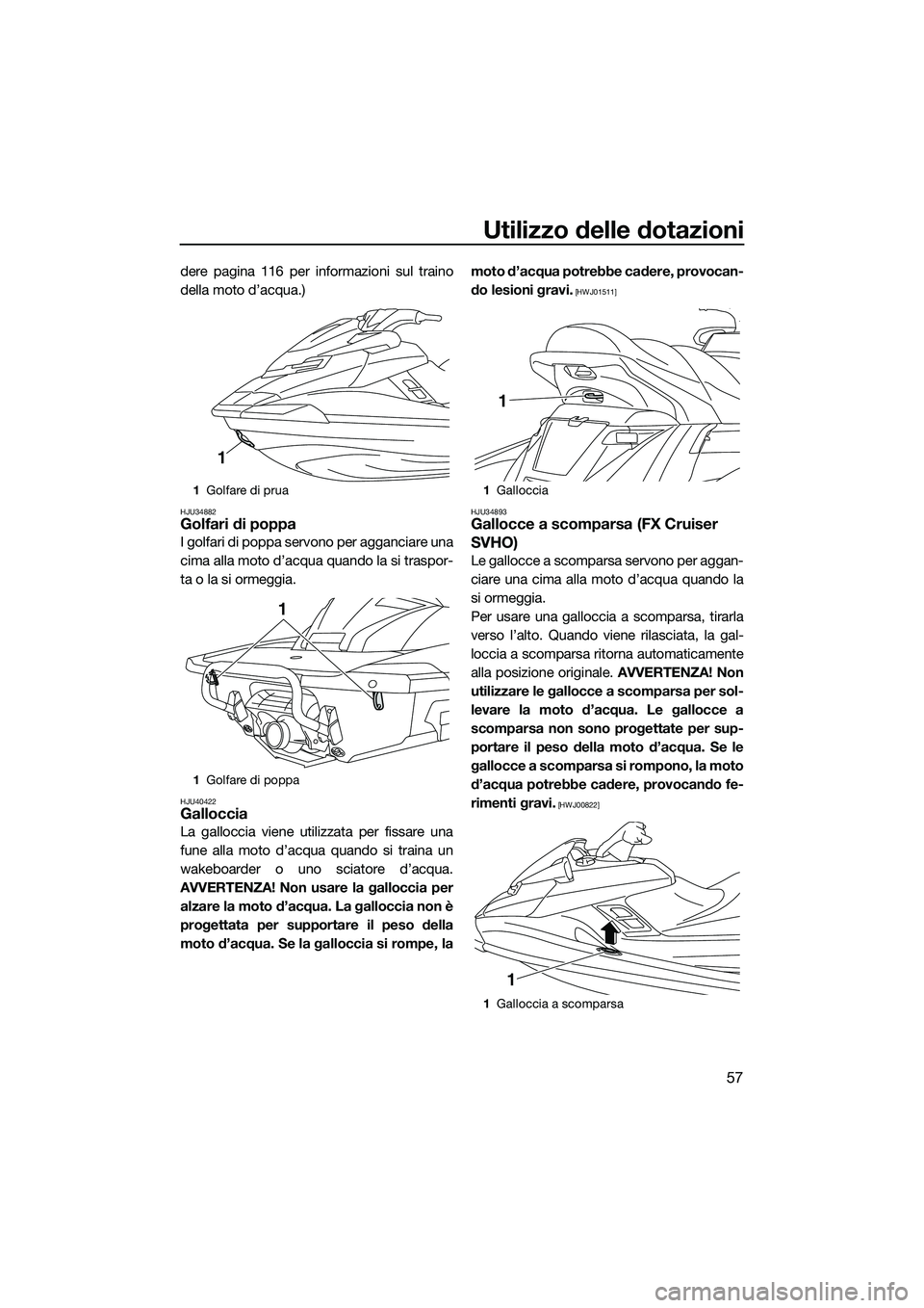 YAMAHA FX SVHO 2015  Manuale duso (in Italian) Utilizzo delle dotazioni
57
dere pagina 116 per informazioni sul traino
della moto d’acqua.)
HJU34882Golfari di poppa
I golfari di poppa servono per agganciare una
cima alla moto d’acqua quando la