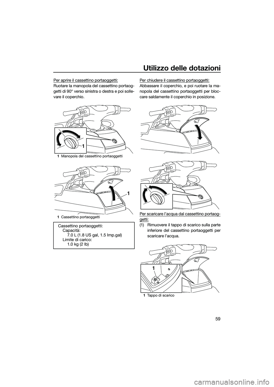 YAMAHA FX SVHO 2015  Manuale duso (in Italian) Utilizzo delle dotazioni
59
Per aprire il cassettino portaoggetti:
Ruotare la manopola del cassettino portaog-
getti di 90° verso sinistra o destra e poi solle-
vare il coperchio.Per chiudere il cass