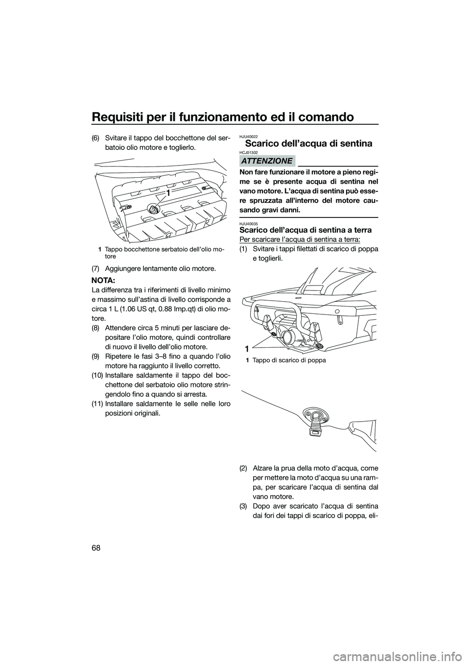 YAMAHA FX SVHO 2015  Manuale duso (in Italian) Requisiti per il funzionamento ed il comando
68
(6) Svitare il tappo del bocchettone del ser-batoio olio motore e toglierlo.
(7) Aggiungere lentamente olio motore.
NOTA:
La differenza tra i riferiment