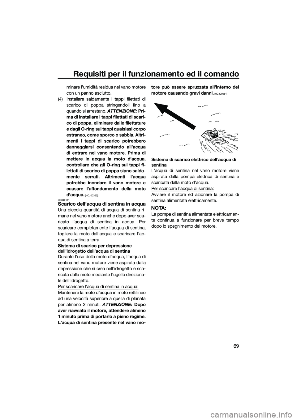 YAMAHA FX SVHO 2015  Manuale duso (in Italian) Requisiti per il funzionamento ed il comando
69
minare l’umidità residua nel vano motore
con un panno asciutto.
(4) Installare saldamente i tappi filettati di scarico di poppa stringendoli fino a
q
