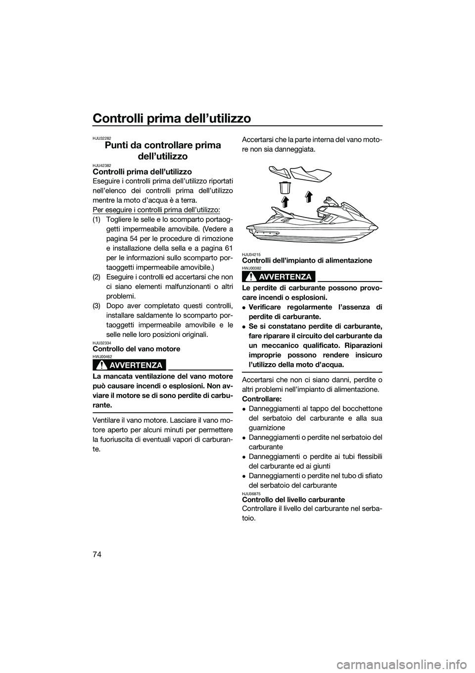 YAMAHA FX SVHO 2015  Manuale duso (in Italian) Controlli prima dell’utilizzo
74
HJU32282
Punti da controllare prima dell’utilizzo
HJU42382Controlli prima dell’utilizzo
Eseguire i controlli prima dell’utilizzo riportati
nell’elenco dei co