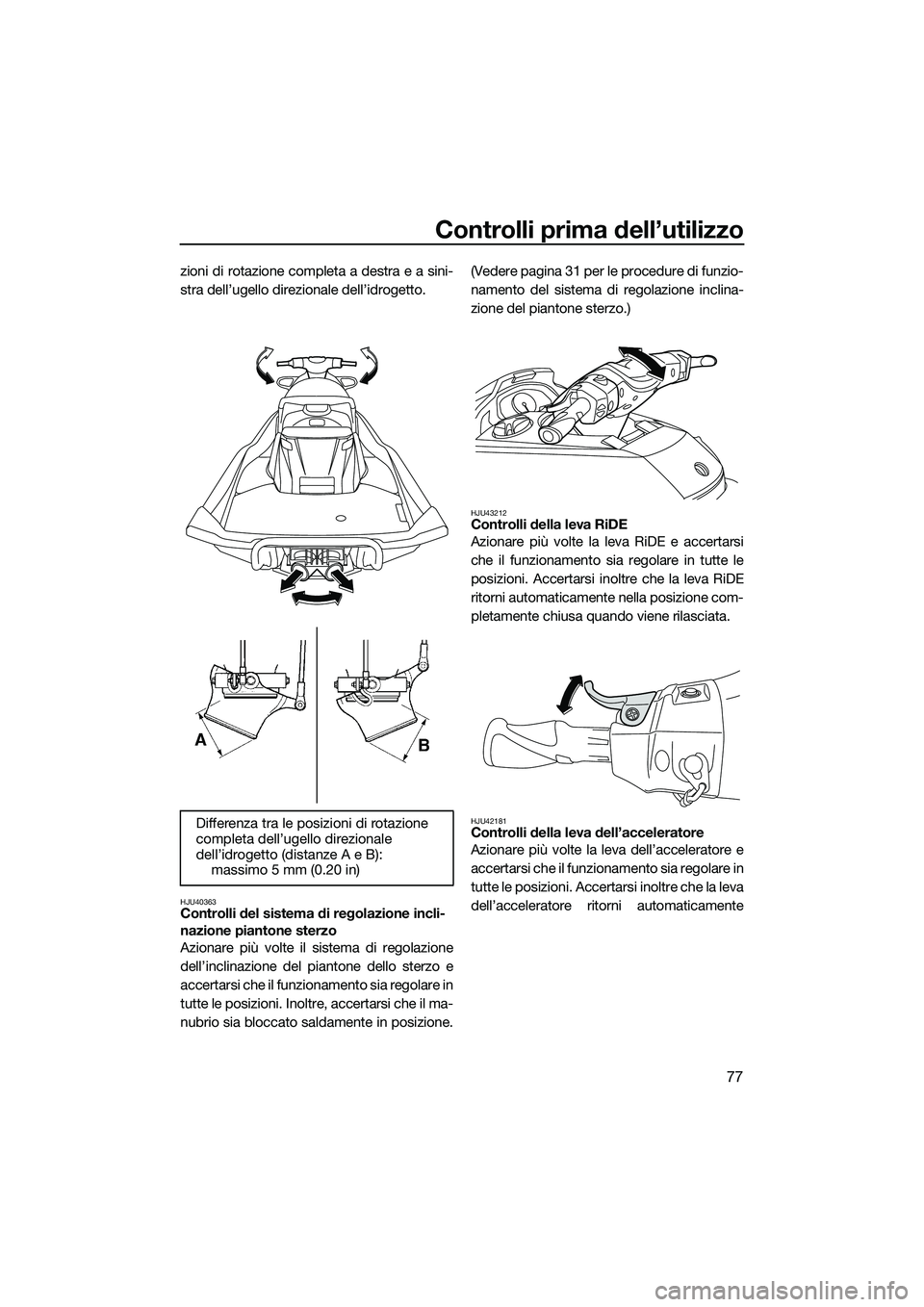 YAMAHA FX SVHO 2015  Manuale duso (in Italian) Controlli prima dell’utilizzo
77
zioni di rotazione completa a destra e a sini-
stra dell’ugello direzionale dell’idrogetto.
HJU40363Controlli del sistema di regolazione incli-
nazione piantone 