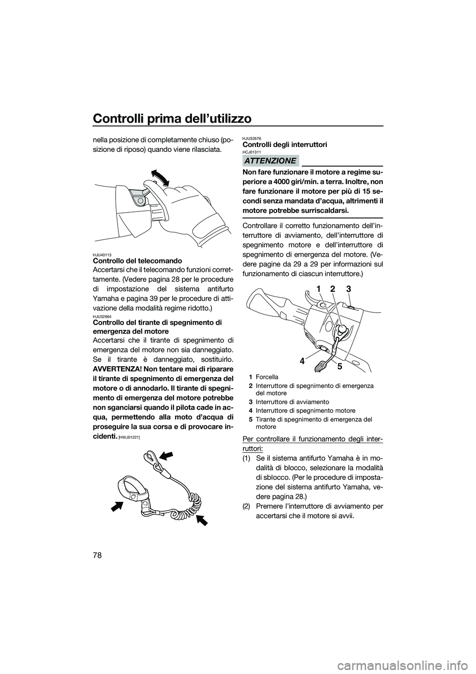 YAMAHA FX SVHO 2015  Manuale duso (in Italian) Controlli prima dell’utilizzo
78
nella posizione di completamente chiuso (po-
sizione di riposo) quando viene rilasciata.
HJU40113Controllo del telecomando
Accertarsi che il telecomando funzioni cor