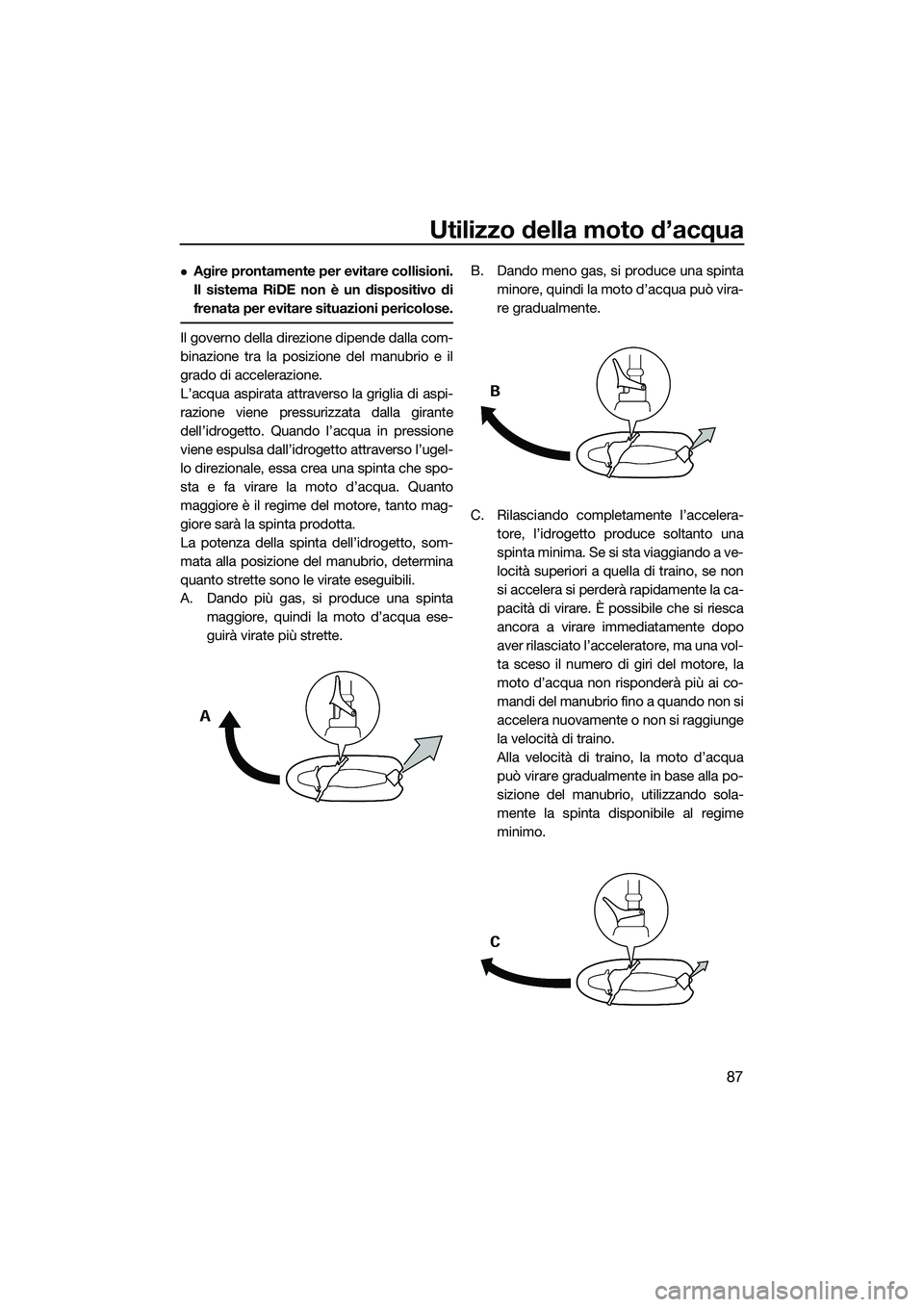 YAMAHA FX SVHO 2015  Manuale duso (in Italian) Utilizzo della moto d’acqua
87
Agire prontamente per evitare collisioni.
Il sistema RiDE non è un dispositivo di
frenata per evitare situazioni pericolose.
Il governo della direzione dipende dal