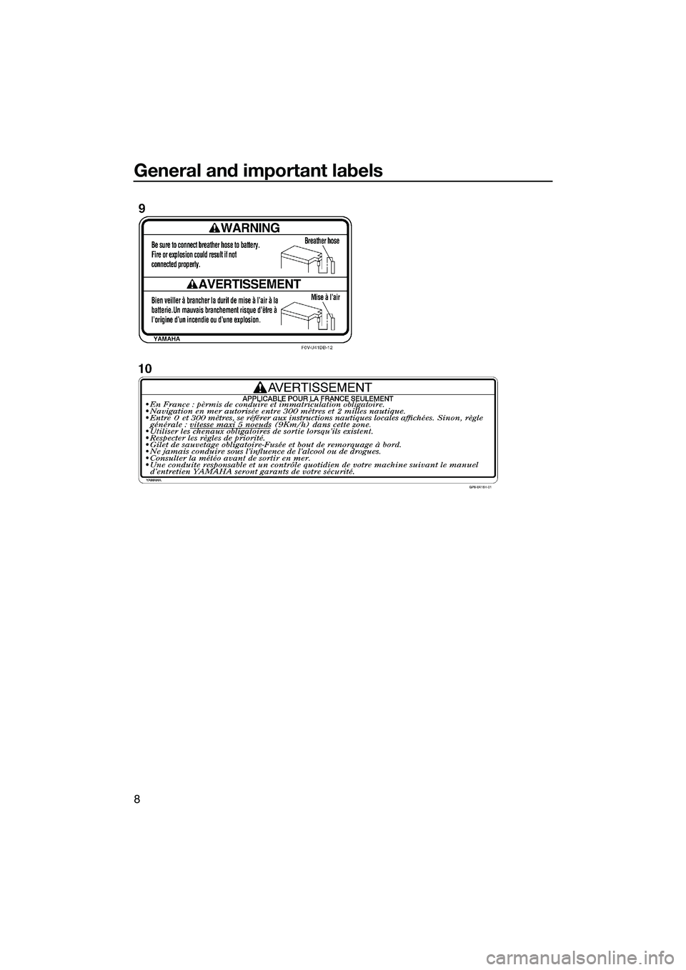 YAMAHA FX SVHO 2014  Owners Manual General and important labels
8
UF3J70E0.book  Page 8  Wednesday, October 9, 2013  2:07 PM 