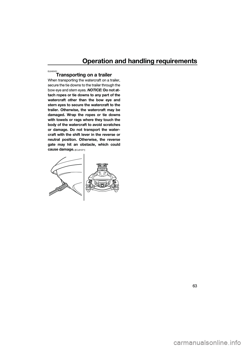 YAMAHA FX SVHO 2014  Owners Manual Operation and handling requirements
63
EJU42431
Transporting on a trailer
When transporting the watercraft on a trailer,
secure the tie downs to the trailer through the
bow eye and stern eyes. NOTICE: