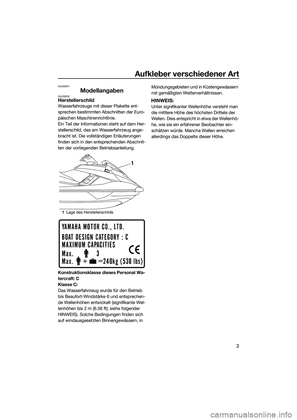 YAMAHA FX SVHO 2014 Betriebsanleitungen (in German) Aufkleber verschiedener Art
3
GJU30321
ModellangabenGJU30332Herstellerschild
Wasserfahrzeuge mit dieser Plakette ent-
sprechen bestimmten Abschnitten der Euro-
päischen Maschinenrichtlinie.
Ein Teil YAMAHA FX SVHO 2014 Betriebsanleitungen (in German) Aufkleber verschiedener Art
3
GJU30321
ModellangabenGJU30332Herstellerschild
Wasserfahrzeuge mit dieser Plakette ent-
sprechen bestimmten Abschnitten der Euro-
päischen Maschinenrichtlinie.
Ein Teil