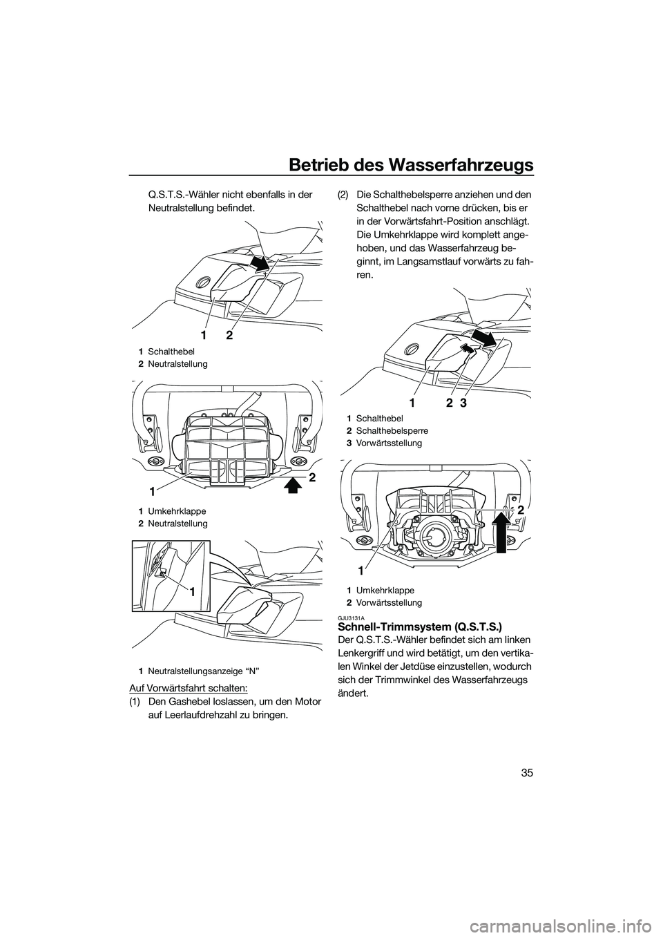 YAMAHA FX SVHO 2014  Betriebsanleitungen (in German) Betrieb des Wasserfahrzeugs
35
Q.S.T.S.-Wähler nicht ebenfalls in der 
Neutralstellung befindet.
Auf Vorwärtsfahrt schalten:
(1) Den Gashebel loslassen, um den Motor  auf Leerlaufdrehzahl zu bringen
