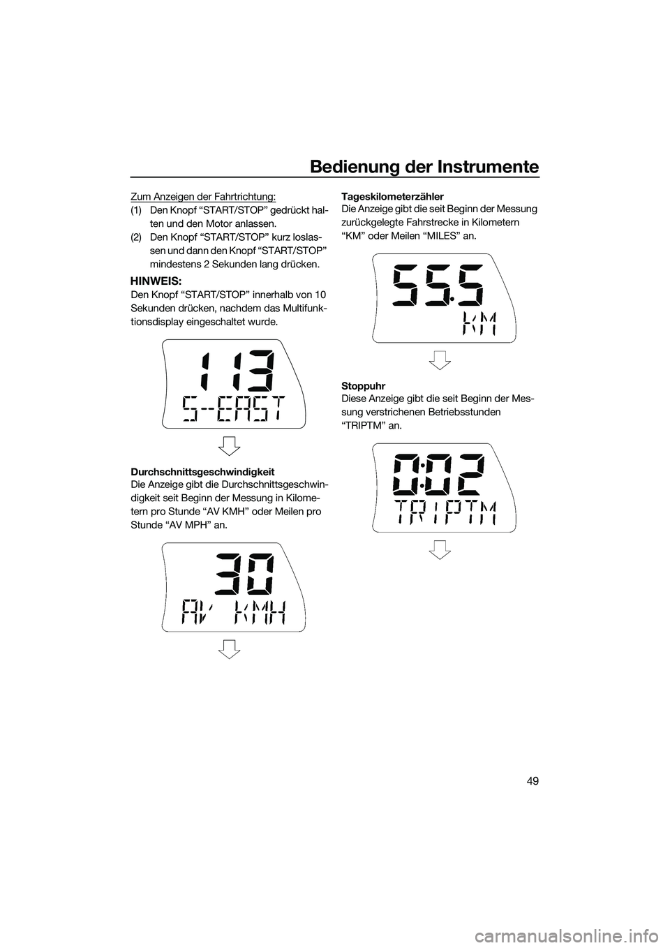 YAMAHA FX SVHO 2014  Betriebsanleitungen (in German) Bedienung der Instrumente
49
Zum Anzeigen der Fahrtrichtung:
(1) Den Knopf “START/STOP” gedrückt hal-ten und den Motor anlassen.
(2) Den Knopf “START/STOP” kurz loslas- sen und dann den Knopf
