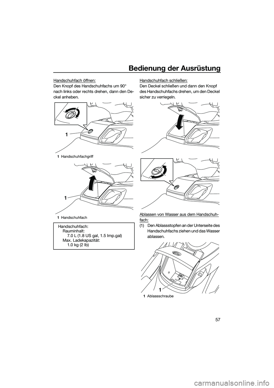 YAMAHA FX SVHO 2014  Betriebsanleitungen (in German) Bedienung der Ausrüstung
57
Handschuhfach öffnen:
Den Knopf des Handschuhfachs um 90° 
nach links oder rechts drehen, dann den De-
ckel anheben.Handschuhfach schließen:Den Deckel schließen und da