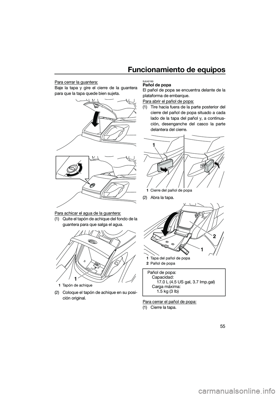YAMAHA FX SVHO 2014  Manuale de Empleo (in Spanish) Funcionamiento de equipos
55
Para cerrar la guantera:
Baje la tapa y gire el cierre de la guantera
para que la tapa quede bien sujeta.
Para achicar el agua de la guantera:
(1) Quite el tapón de achiq