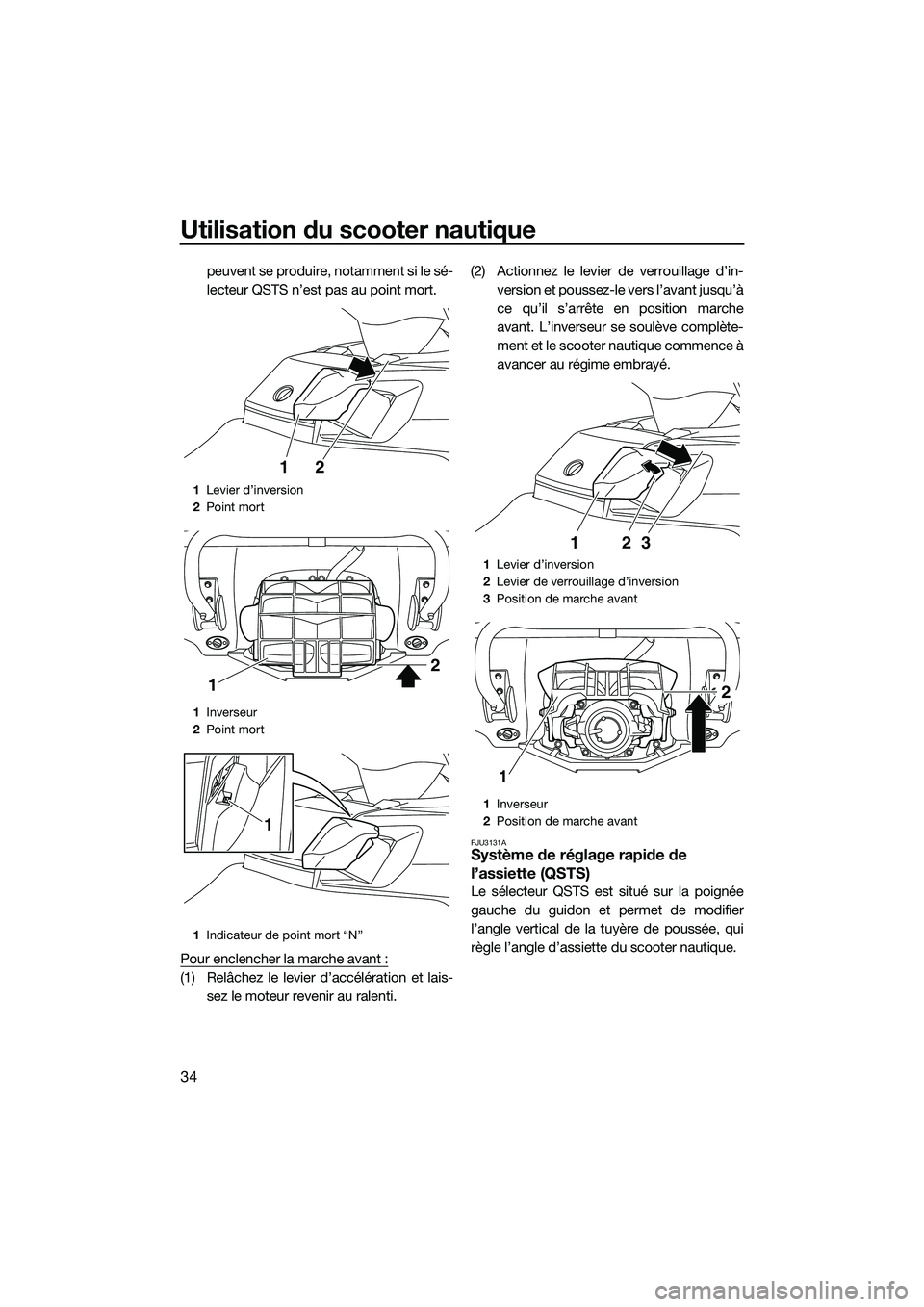 YAMAHA FX SVHO 2014  Notices Demploi (in French) Utilisation du scooter nautique
34
peuvent se produire, notamment si le sé-
lecteur QSTS n’est pas au point mort.
Pour enclencher la marche avant :
(1) Relâchez le levier d’accélération et lai