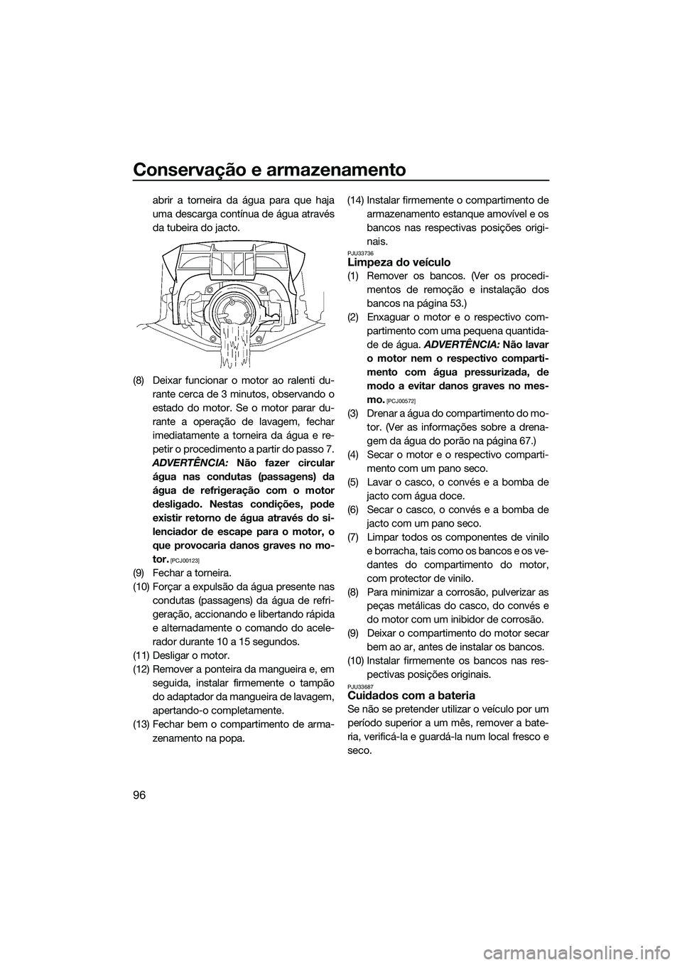 YAMAHA FX SVHO 2014  Manual de utilização (in Portuguese) Conservação e armazenamento
96
abrir a torneira da água para que haja
uma descarga contínua de água através
da tubeira do jacto.
(8) Deixar funcionar o motor ao ralenti du- rante cerca de 3 minu