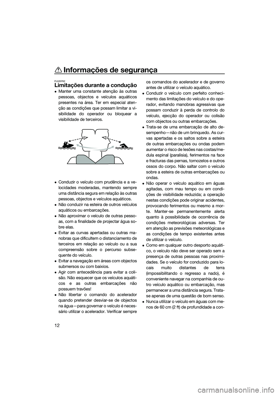 YAMAHA FX SVHO 2014  Manual de utilização (in Portuguese) Informações de segurança
12
PJU30762
Limitações durante a condução
Manter uma constante atenção às outras
pessoas, objectos e veículos aquáticos
presentes na área. Ter em especial aten