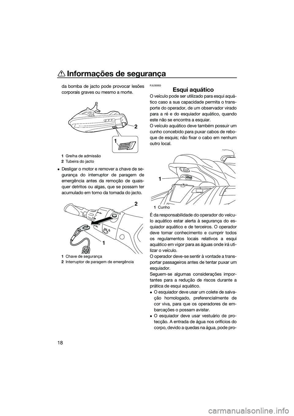 YAMAHA FX SVHO 2014  Manual de utilização (in Portuguese) Informações de segurança
18
da bomba de jacto pode provocar lesões
corporais graves ou mesmo a morte.
Desligar o motor e remover a chave de se-
gurança do interruptor de paragem de
emergência