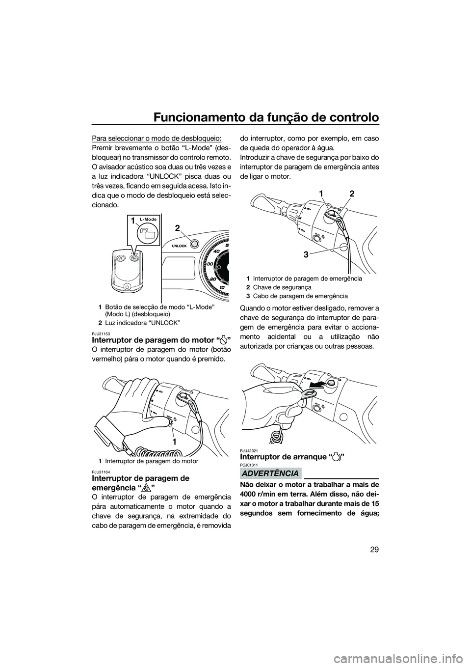 YAMAHA FX SVHO 2014  Manual de utilização (in Portuguese) Funcionamento da função de controlo
29
Para seleccionar o modo de desbloqueio:
Premir brevemente o botão “L-Mode” (des-
bloquear) no transmissor do controlo remoto.
O avisador acústico soa dua