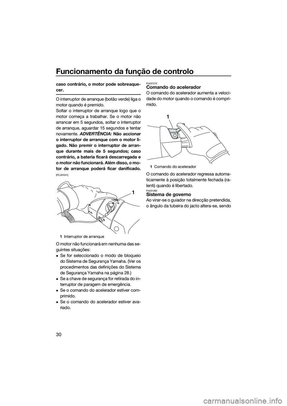 YAMAHA FX SVHO 2014  Manual de utilização (in Portuguese) Funcionamento da função de controlo
30
caso contrário, o motor pode sobreaque-
cer.
O interruptor de arranque (botão verde) liga o
motor quando é premido.
Soltar o interruptor de arranque logo qu