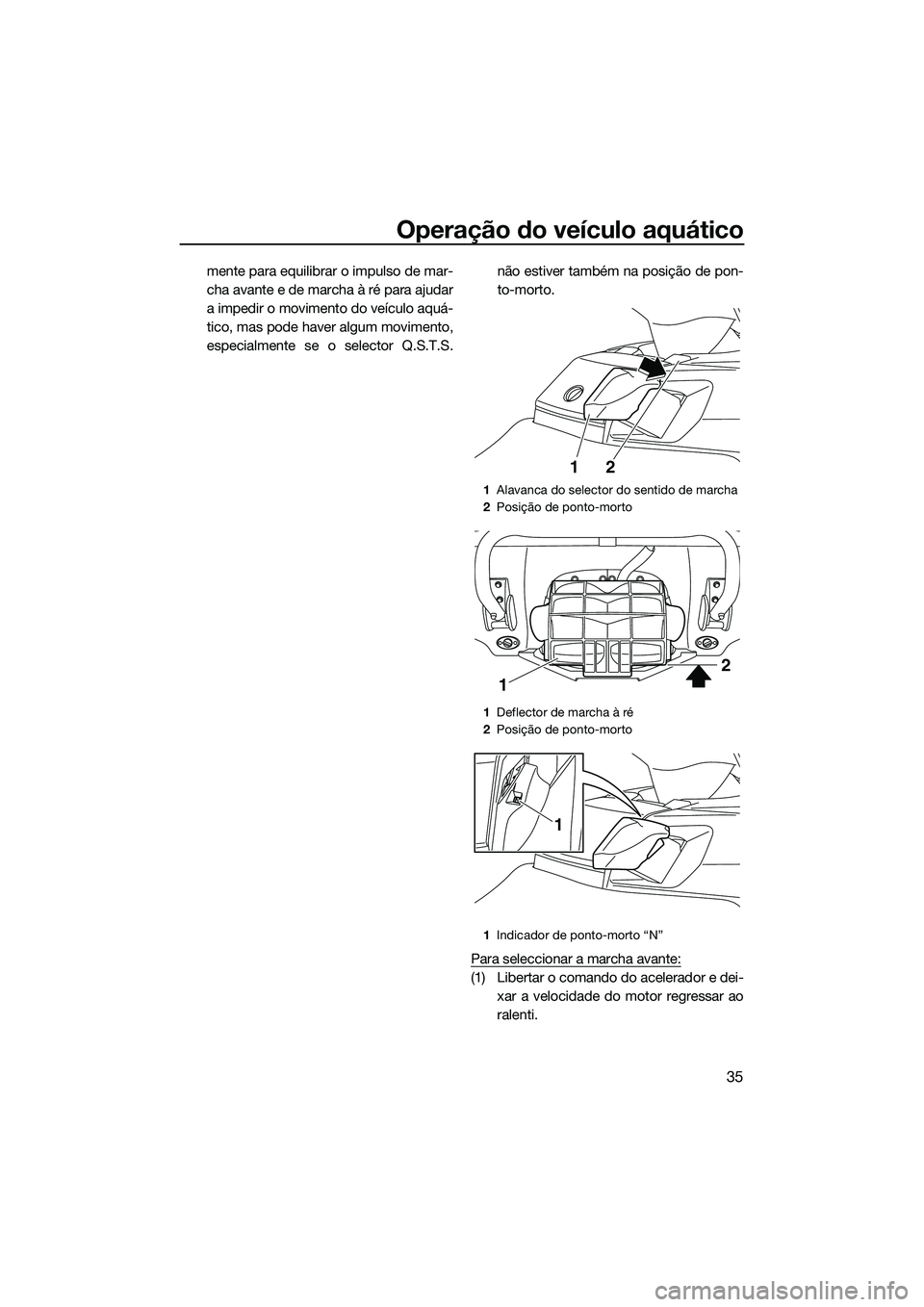 YAMAHA FX SVHO 2014  Manual de utilização (in Portuguese) Operação do veículo aquático
35
mente para equilibrar o impulso de mar-
cha avante e de marcha à ré para ajudar
a impedir o movimento do veículo aquá-
tico, mas pode haver algum movimento,
esp