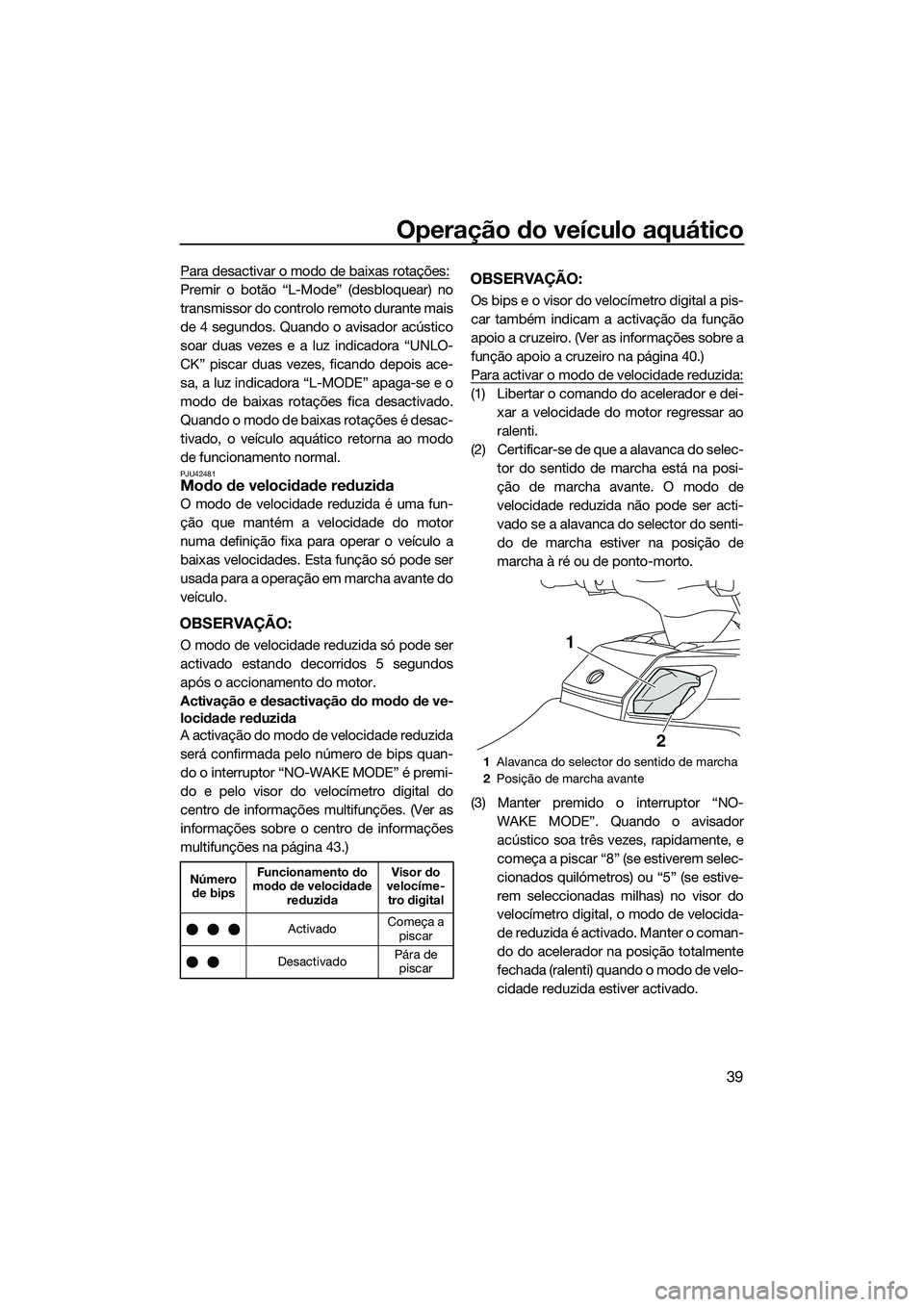 YAMAHA FX SVHO 2014  Manual de utilização (in Portuguese) Operação do veículo aquático
39
Para desactivar o modo de baixas rotações:
Premir o botão “L-Mode” (desbloquear) no
transmissor do controlo remoto durante mais
de 4 segundos. Quando o avisa