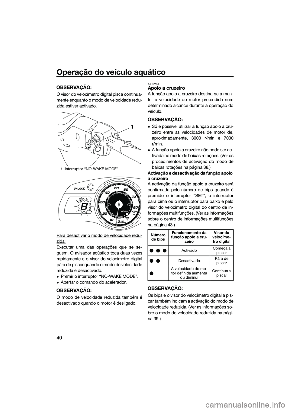 YAMAHA FX SVHO 2014  Manual de utilização (in Portuguese) Operação do veículo aquático
40
OBSERVAÇÃO:
O visor do velocímetro digital pisca continua-
mente enquanto o modo de velocidade redu-
zida estiver activado.
Para desactivar o modo de velocidade 