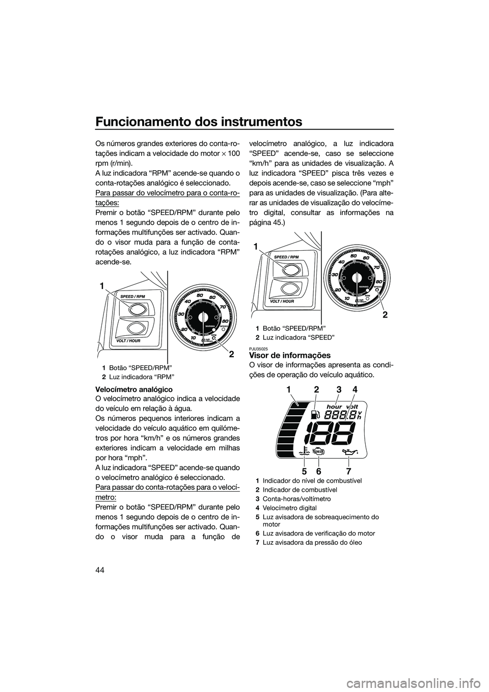 YAMAHA FX SVHO 2014  Manual de utilização (in Portuguese) Funcionamento dos instrumentos
44
Os números grandes exteriores do conta-ro-
tações indicam a velocidade do motor × 100
rpm (r/min).
A luz indicadora “RPM” acende-se quando o
conta-rotações 
